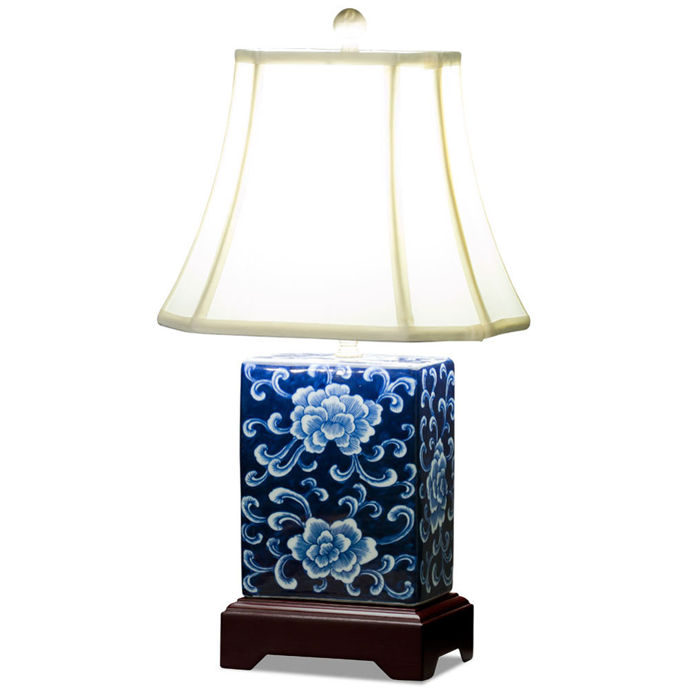 Dark Blue and White Peony Motif Rectangular Asian Porcelain Lamp