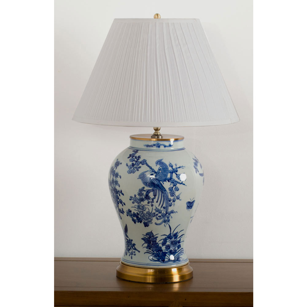 Hand Painted Blue and White Bird and Flower Oriental Porcelain Lamp