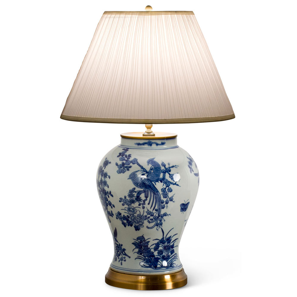 Hand Painted Blue and White Bird and Flower Oriental Porcelain Lamp