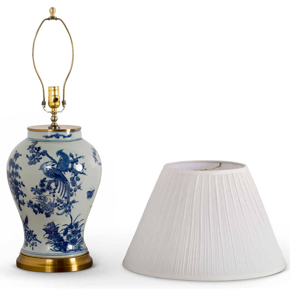 Hand Painted Blue and White Bird and Flower Oriental Porcelain Lamp