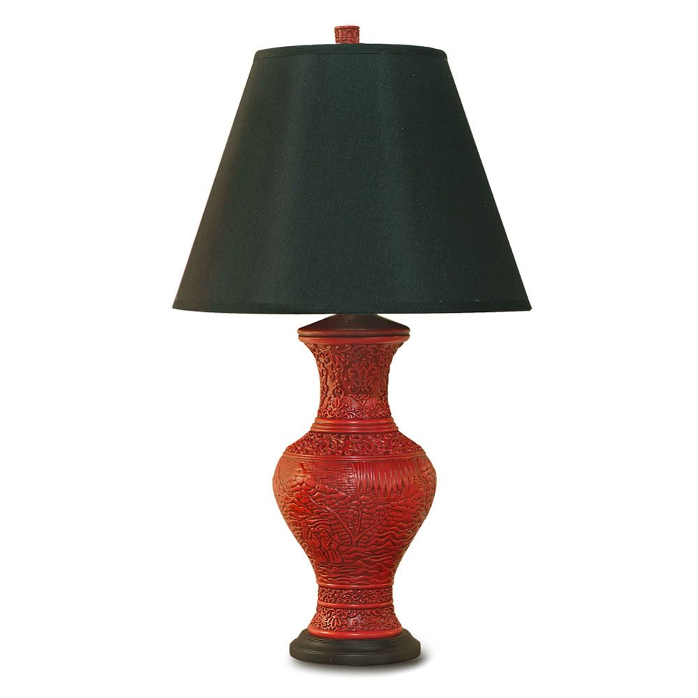 Red Cinnabar Vase Chinese Lamp with Black Shade