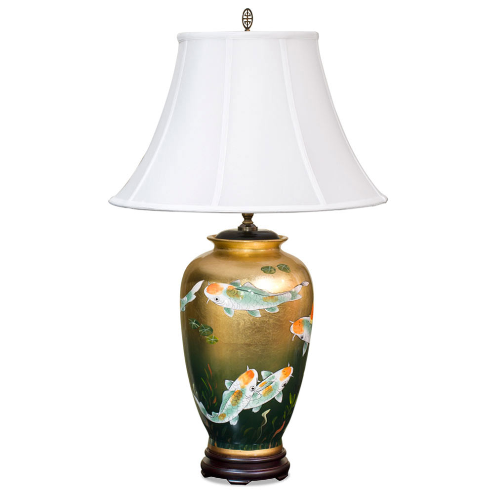 Gold Leaf Prosperity Koi Fish Chinese Ceramic Lamp