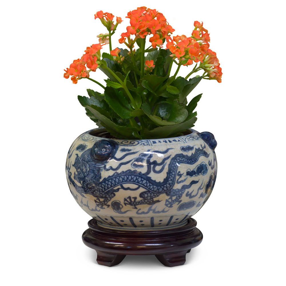 Blue and White Porcelain Double Dragon Asian Planter