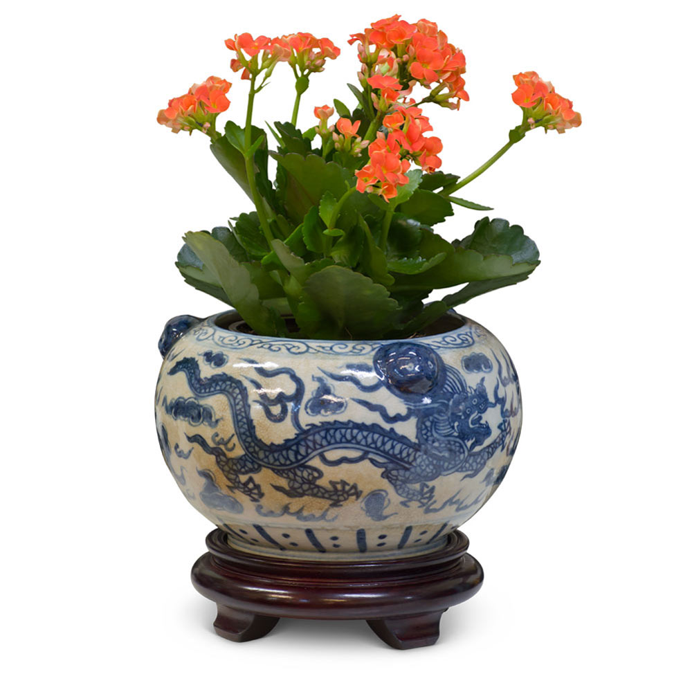 Blue and White Porcelain Double Dragon Asian Planter