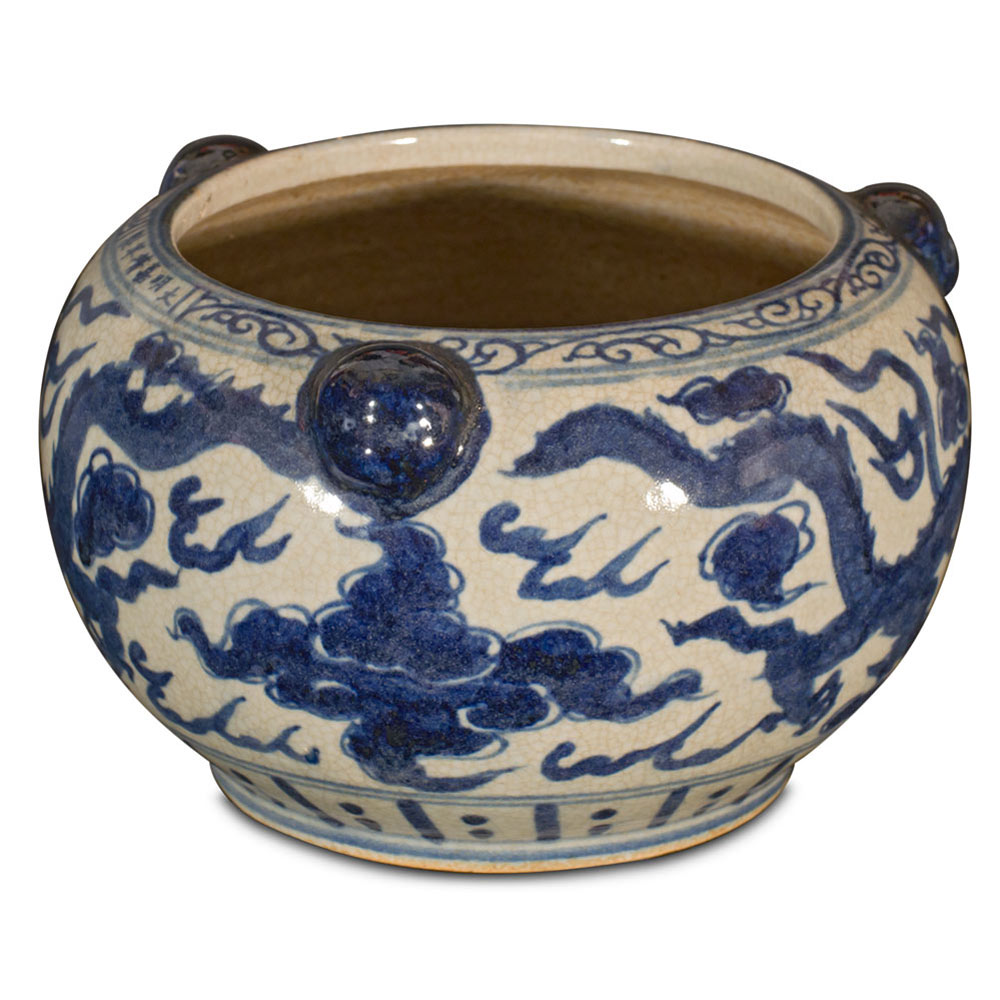 Blue and White Porcelain Double Dragon Asian Planter