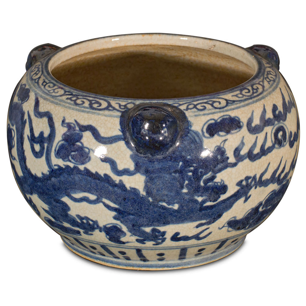 Blue and White Porcelain Double Dragon Asian Planter