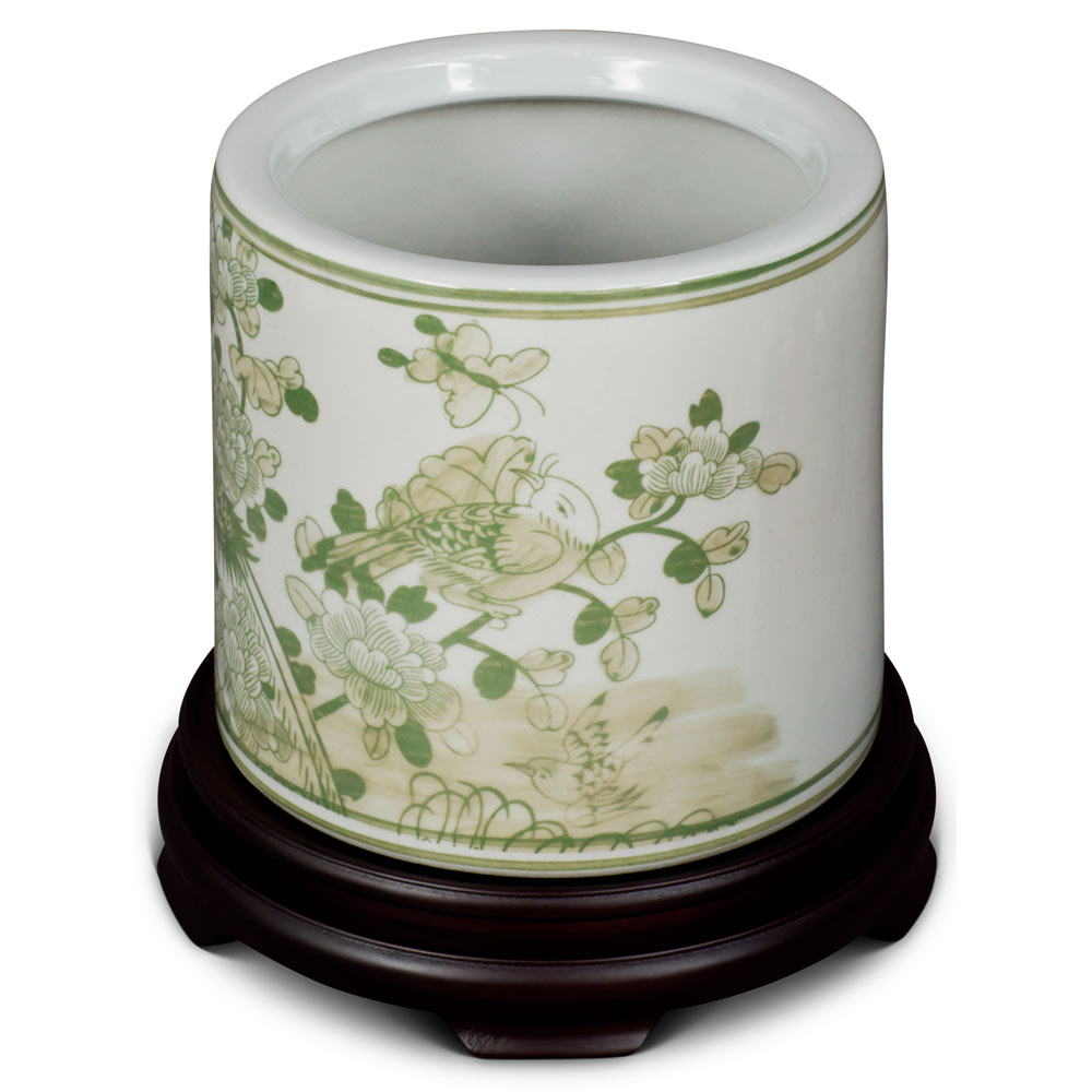 Green Chinoiserie Bird and Flower Motif Planter Vase