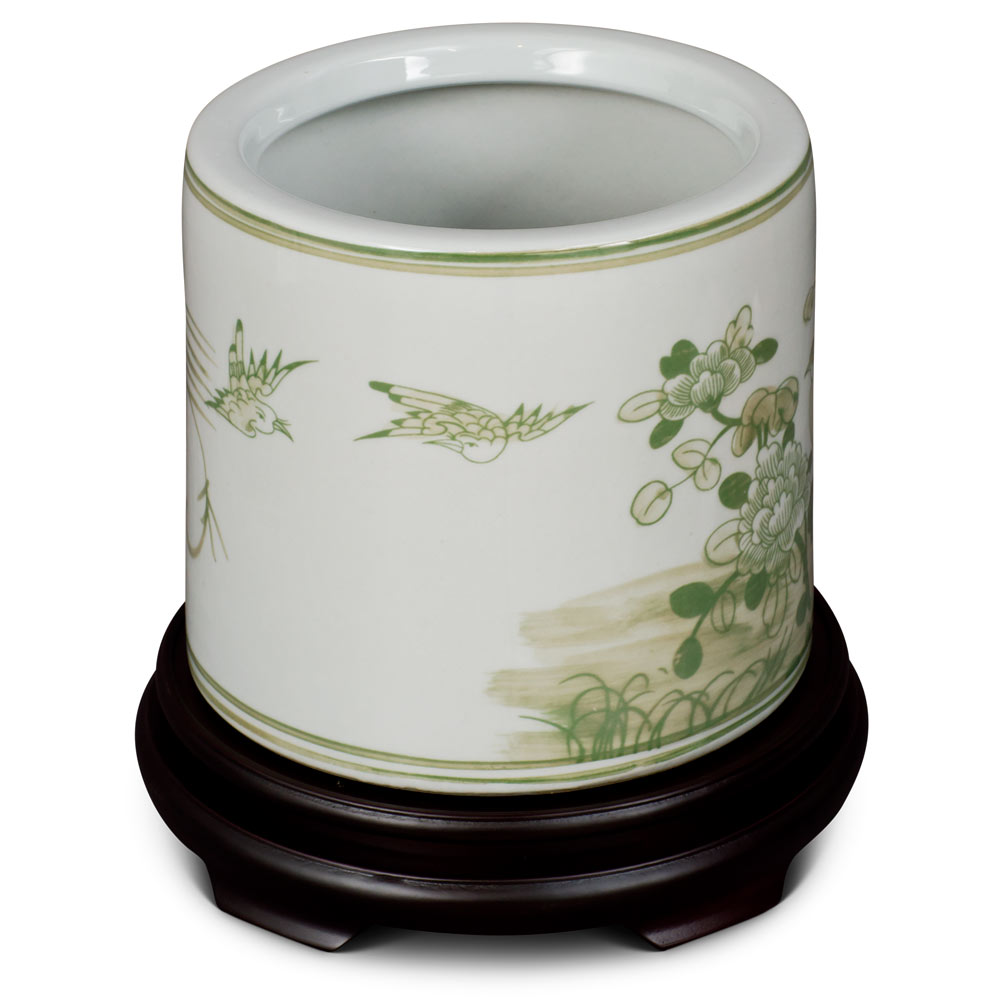 Green Chinoiserie Bird and Flower Motif Planter Vase