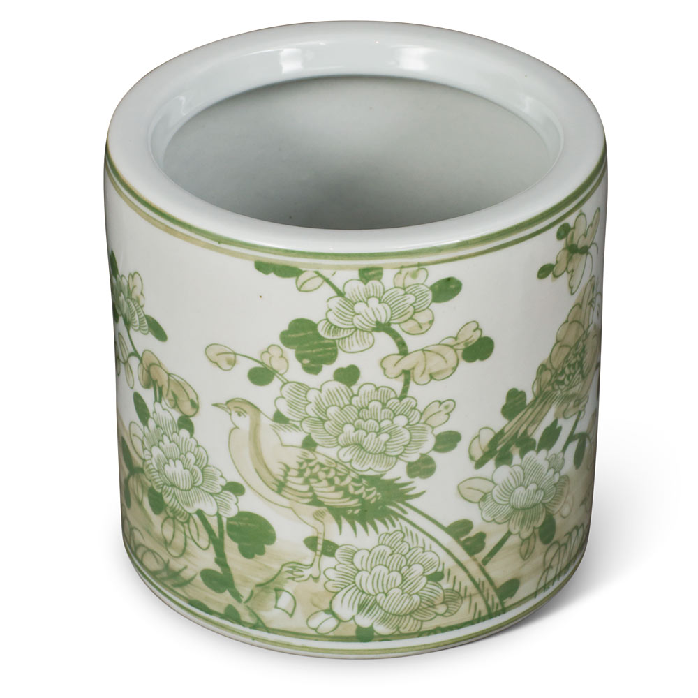 Green Chinoiserie Bird and Flower Motif Planter Vase