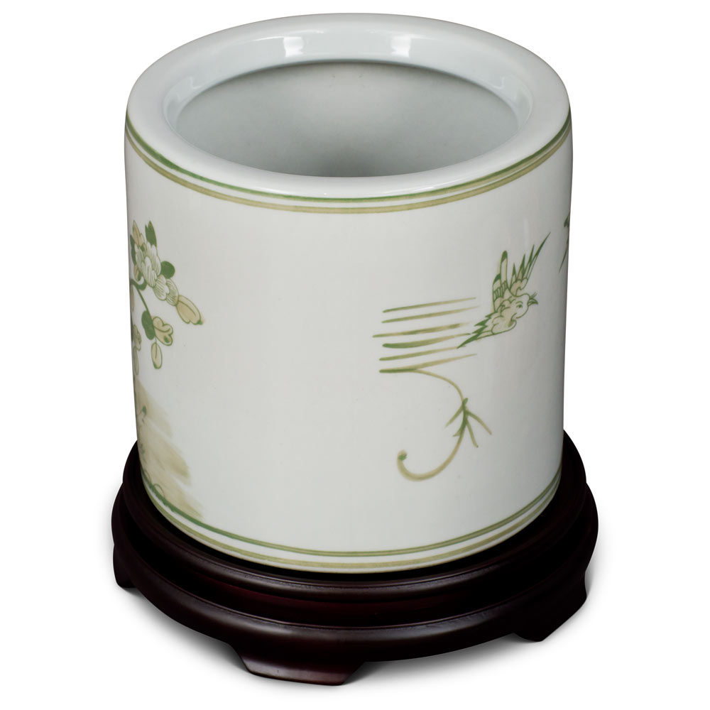 Green Chinoiserie Bird and Flower Motif Planter Vase