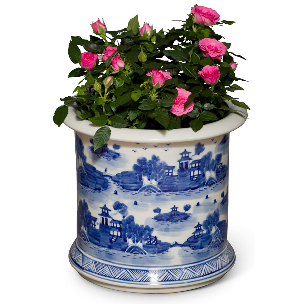 Blue and White Village Landscape Motif Porcelain Chinese Flower Planter