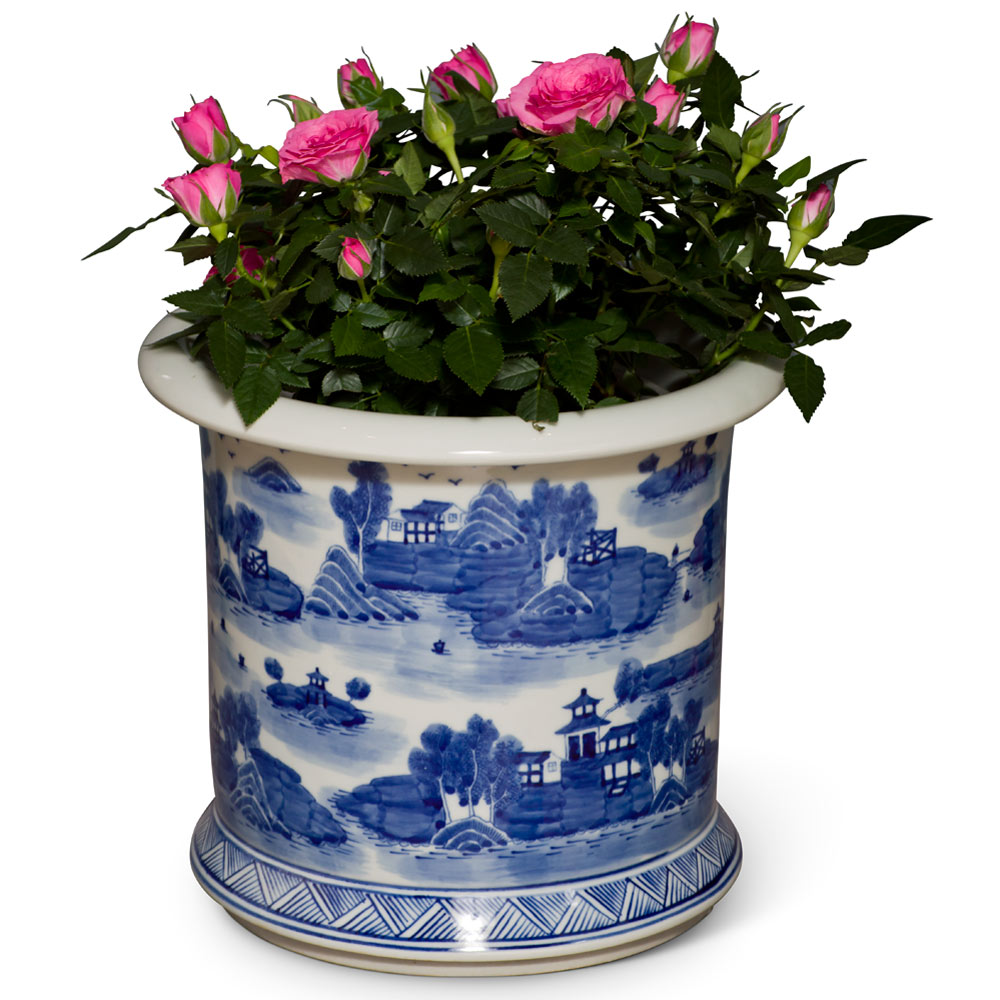 Blue and White Village Landscape Motif Porcelain Chinese Flower Planter