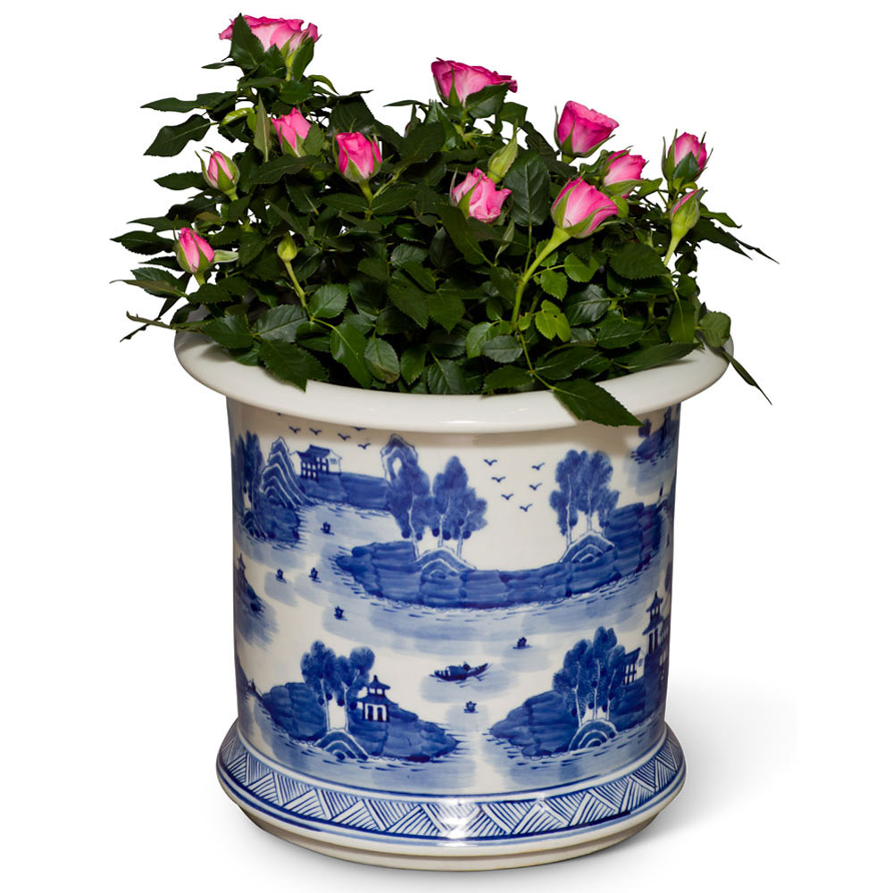 Blue and White Village Landscape Motif Porcelain Chinese Flower Planter