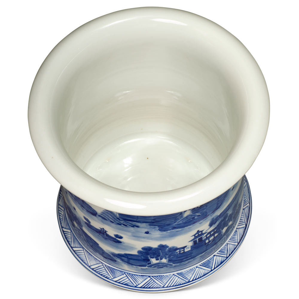 Blue and White Village Landscape Motif Porcelain Chinese Flower Planter