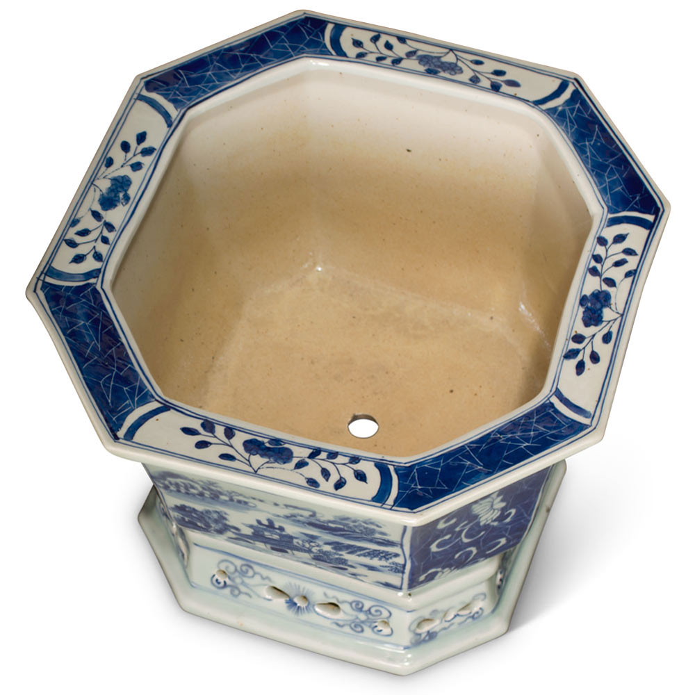 Octagonal Blue and White Landscape Motif Porcelain Chinese Flower Planter