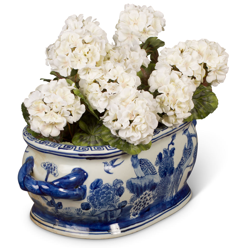 Blue and White Flower & Birds Motif Chinese Porcelain Footbath Planter