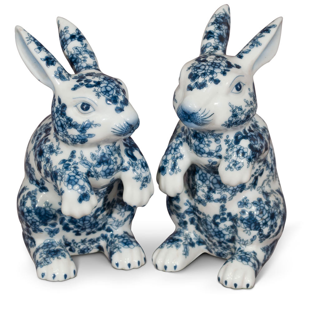 Blue and White Porcelain Rabbit Chinese Statue Set