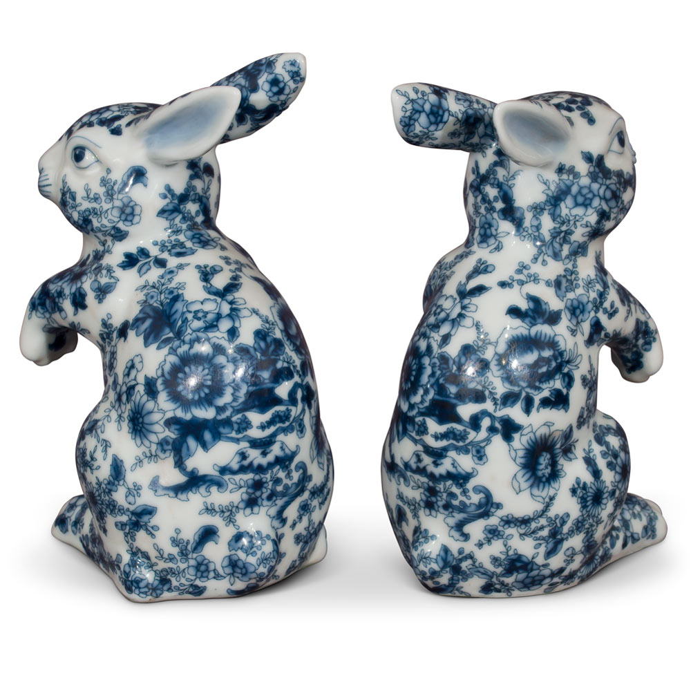 Blue and White Porcelain Rabbit Chinese Statue Set