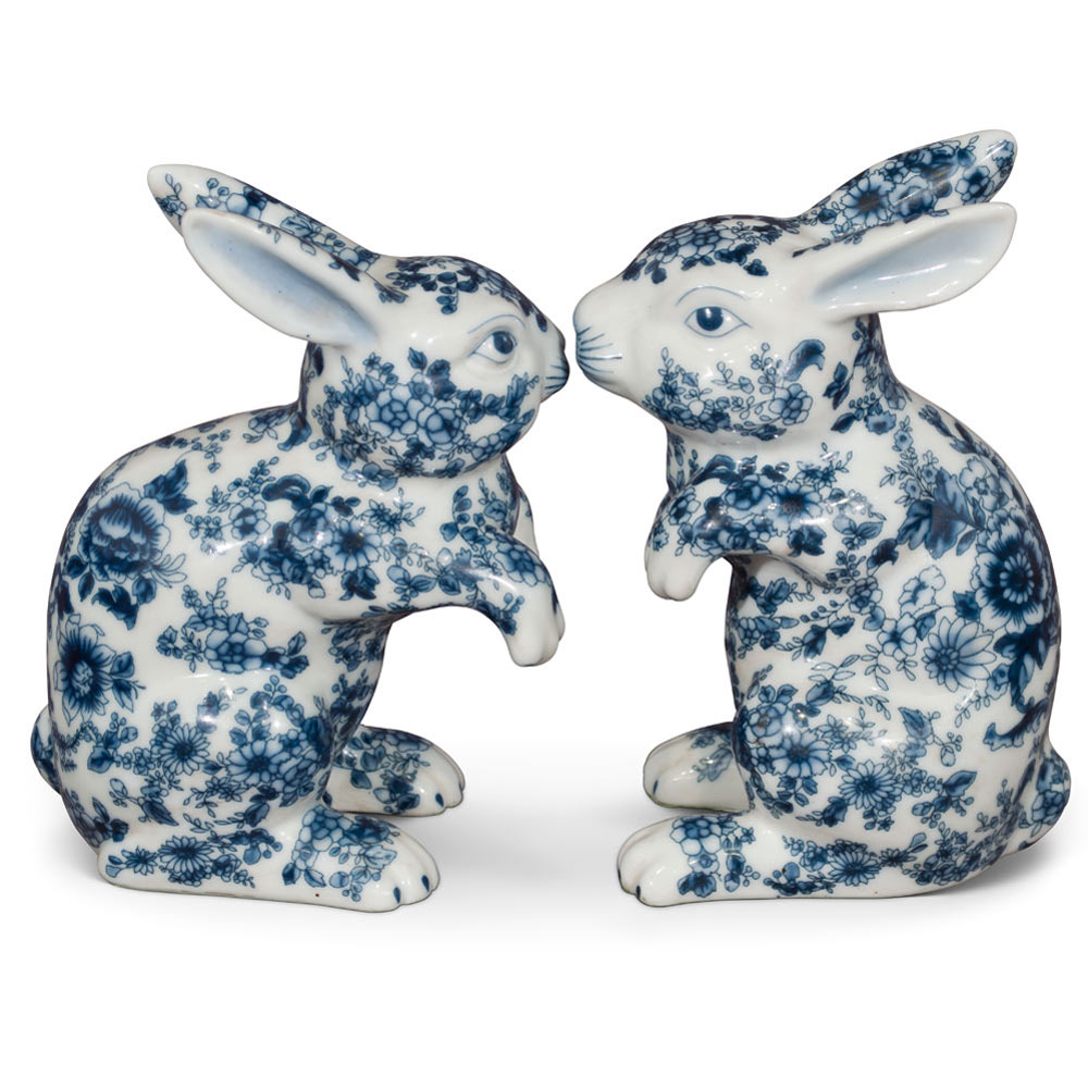 Blue and White Porcelain Rabbit Chinese Statue Set