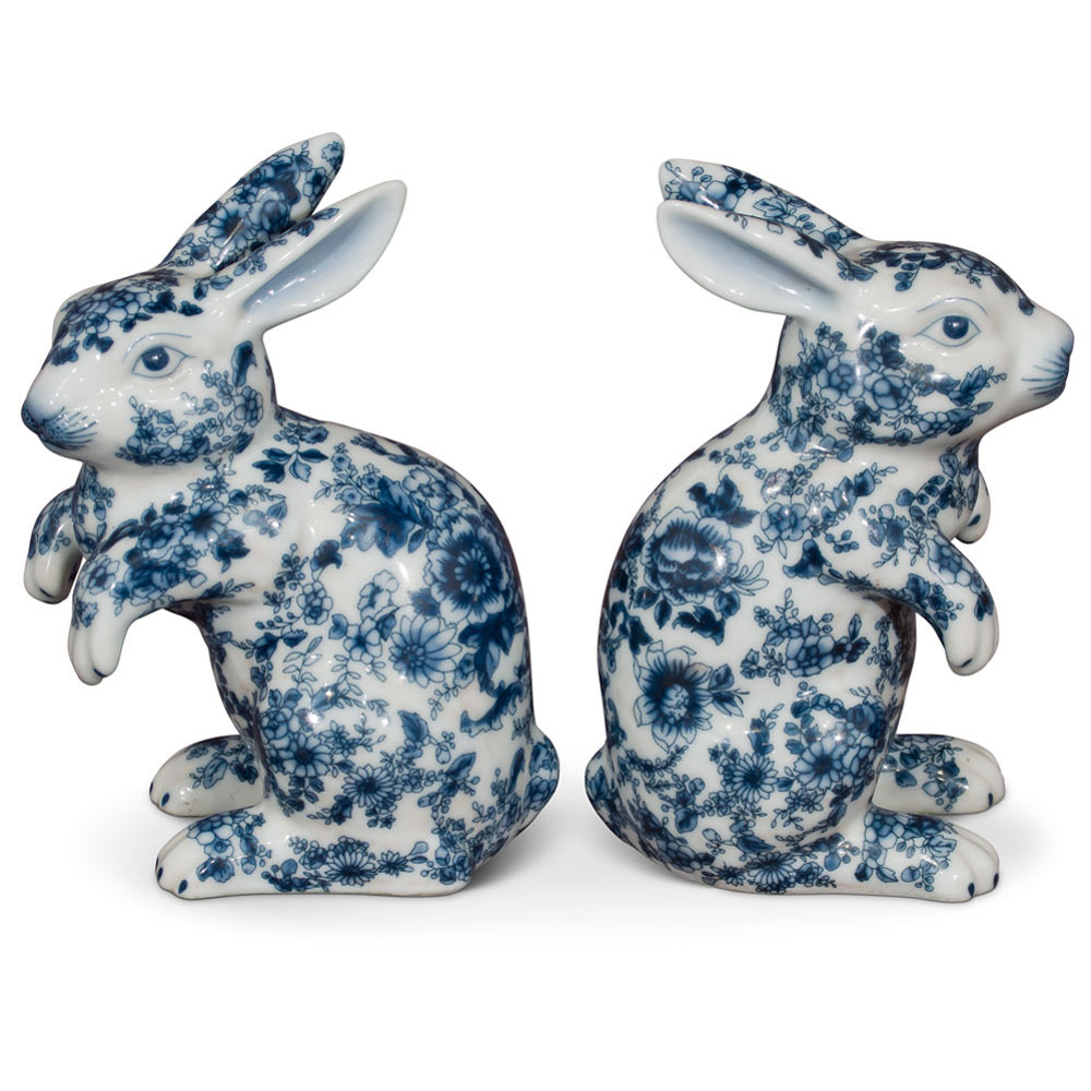 Blue and White Porcelain Rabbit Chinese Statue Set