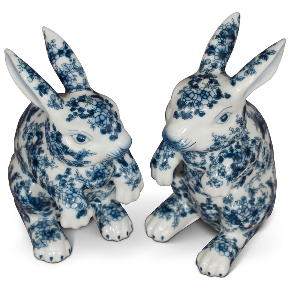 Blue and White Porcelain Rabbit Chinese Statue Set