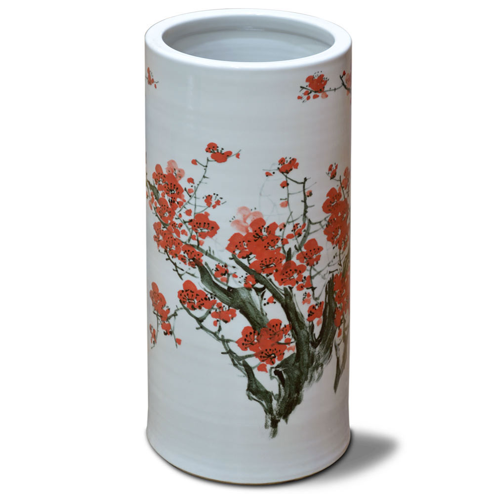 Hand Painted Red Cherry Blossom Design Asian Porcelain Umbrella Stand