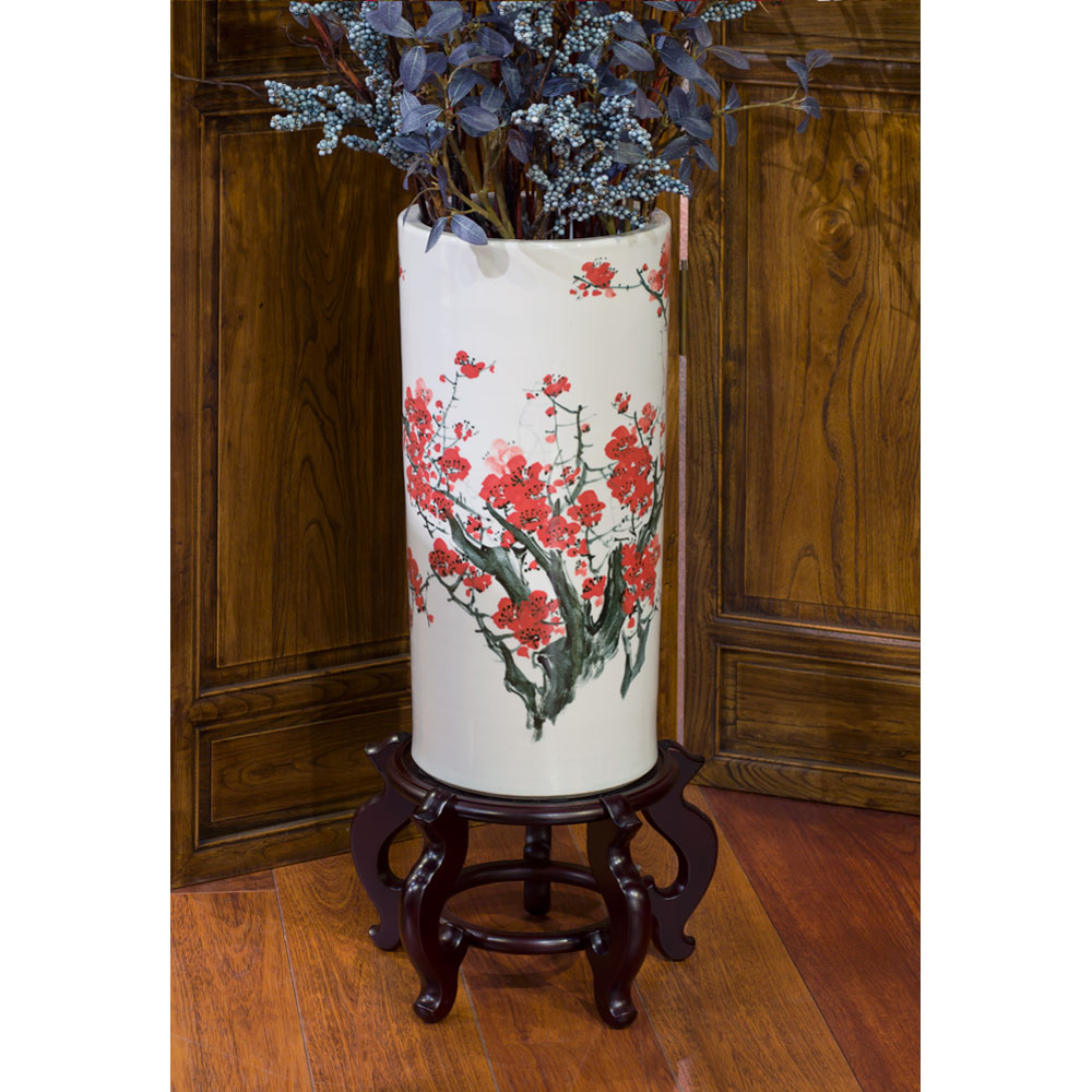 Hand Painted Red Cherry Blossom Design Asian Porcelain Umbrella Stand