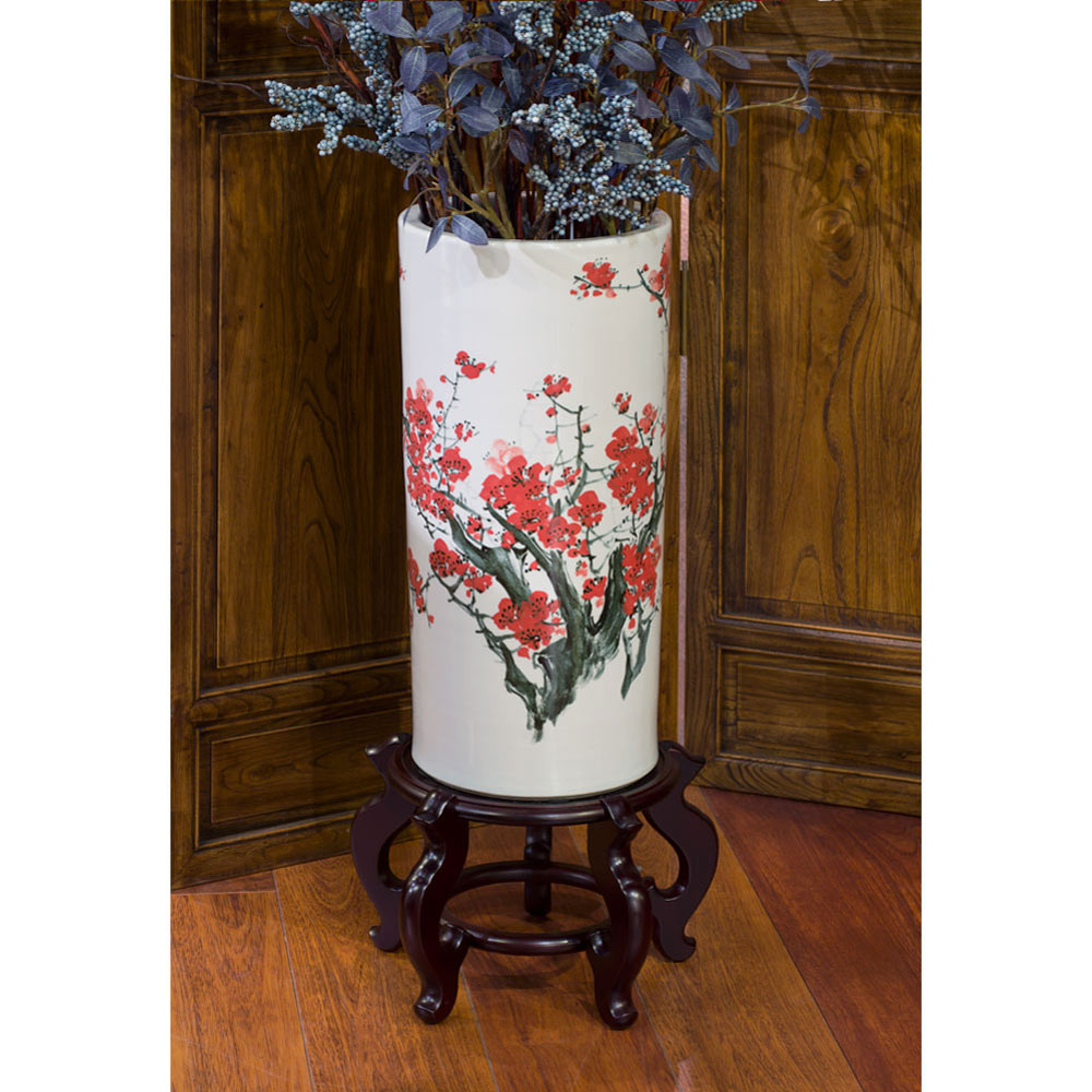 Hand Painted Red Cherry Blossom Design Asian Porcelain Umbrella Stand