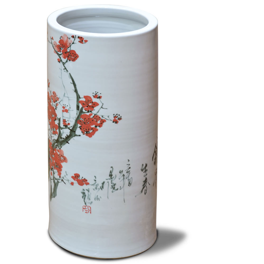 Hand Painted Red Cherry Blossom Design Asian Porcelain Umbrella Stand