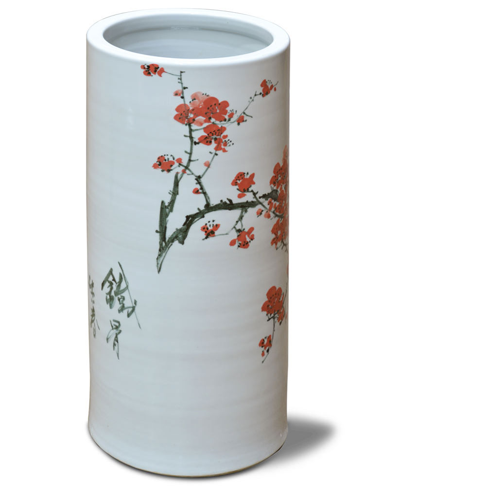 Hand Painted Red Cherry Blossom Design Asian Porcelain Umbrella Stand