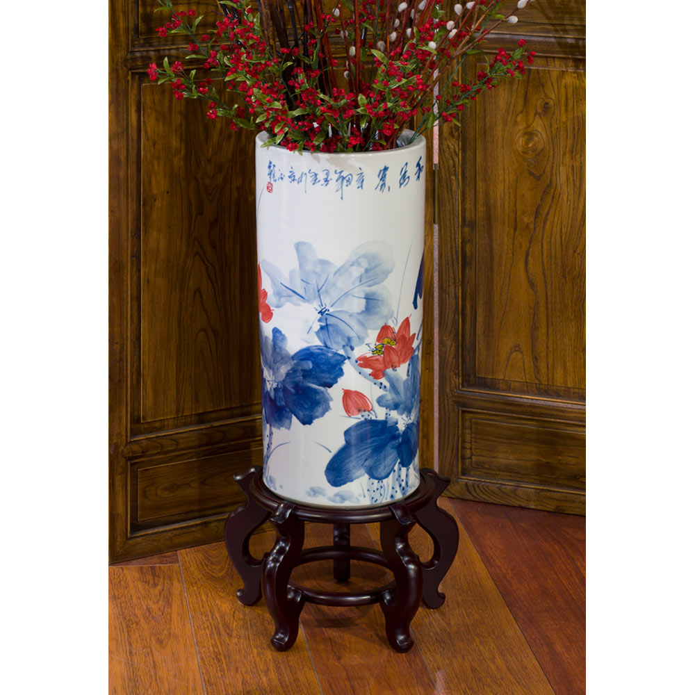 Hand Painted Blue and Red Lotus Design Asian Porcelain Umbrella Stand
