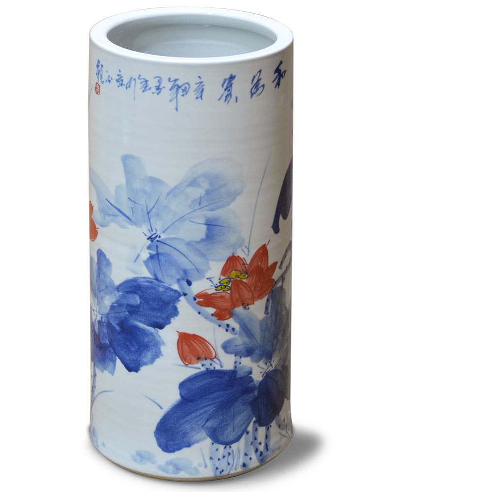 Hand Painted Blue and Red Lotus Design Asian Porcelain Umbrella Stand