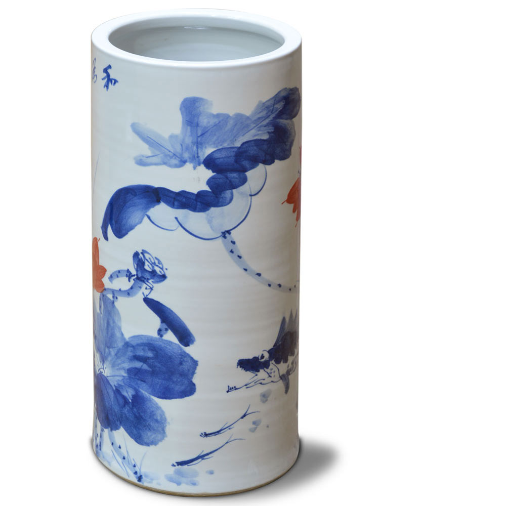 Hand Painted Blue and Red Lotus Design Asian Porcelain Umbrella Stand