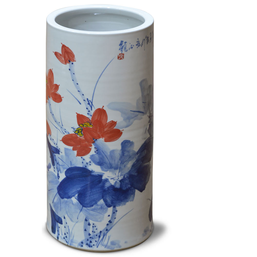 Hand Painted Blue and Red Lotus Design Asian Porcelain Umbrella Stand