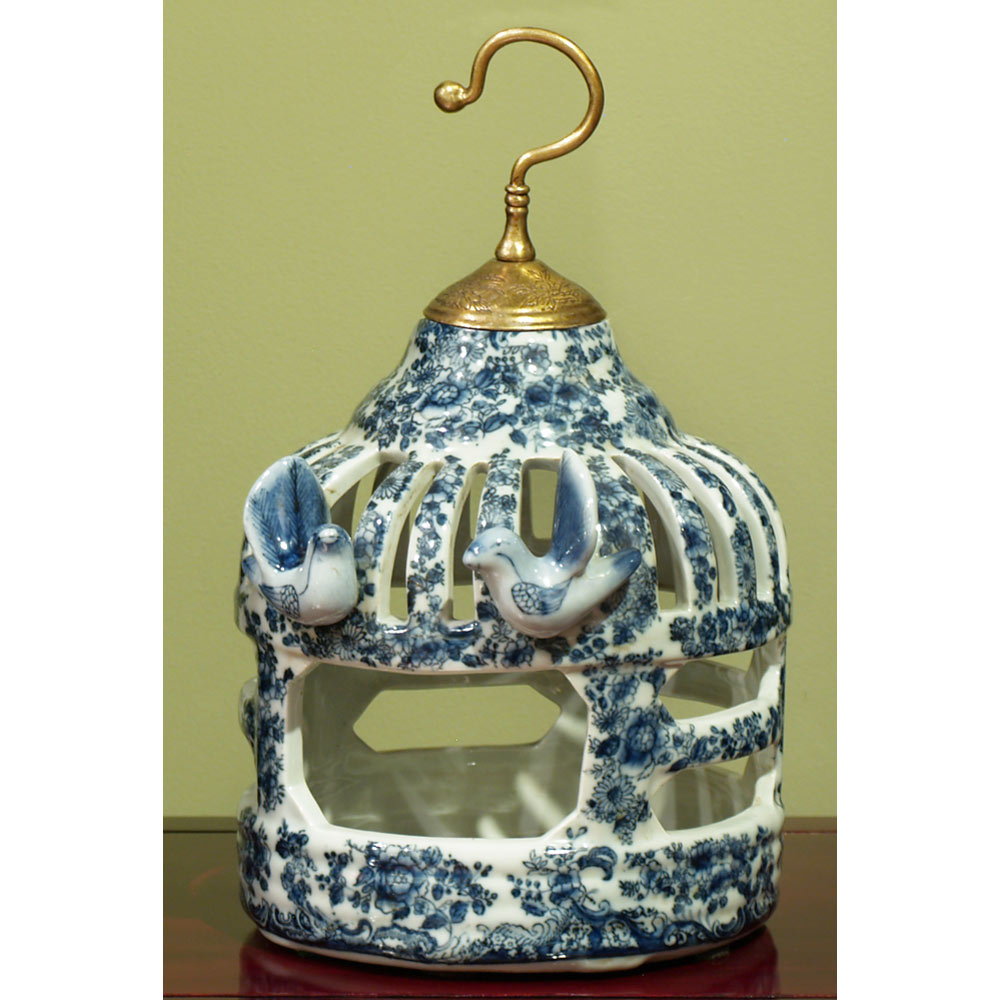 Blue and White Porcelain Bird Cage Asian Candle Holder