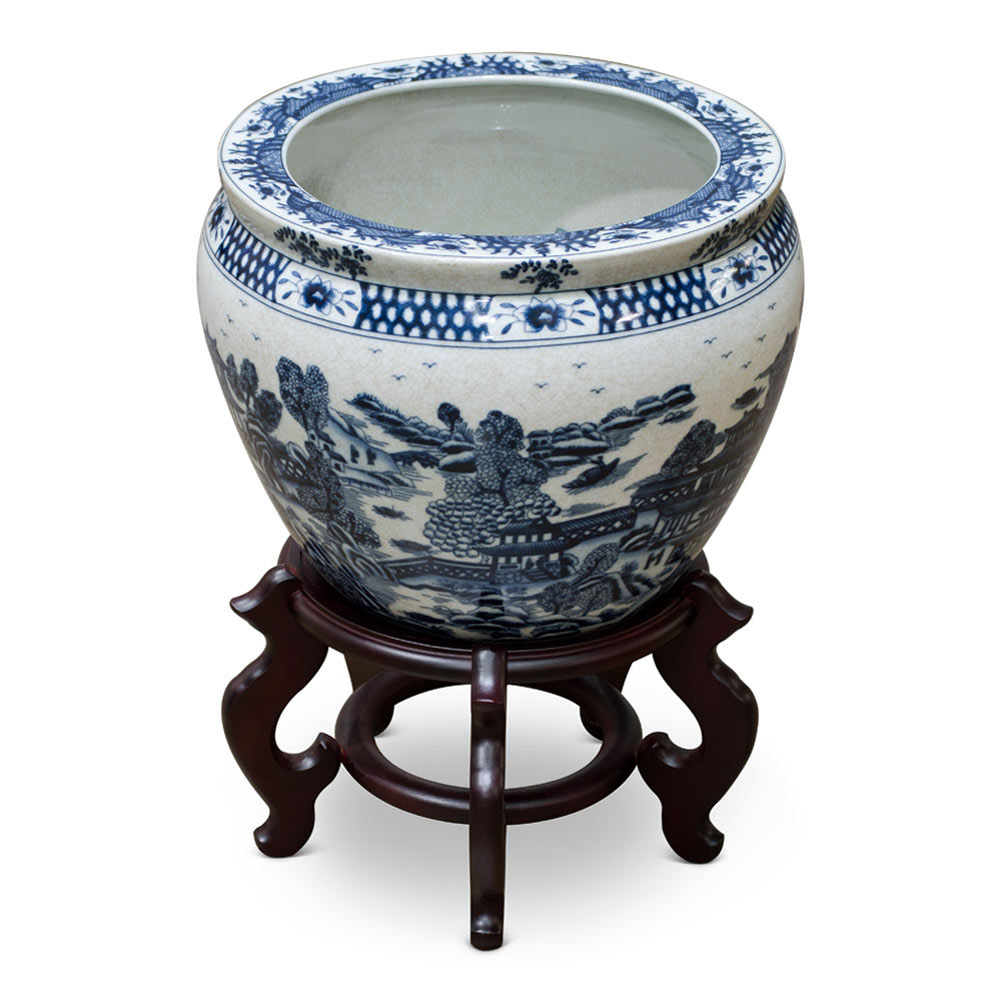 12 Inch Blue Canton Porcelain Chinese Fishbowl Planter