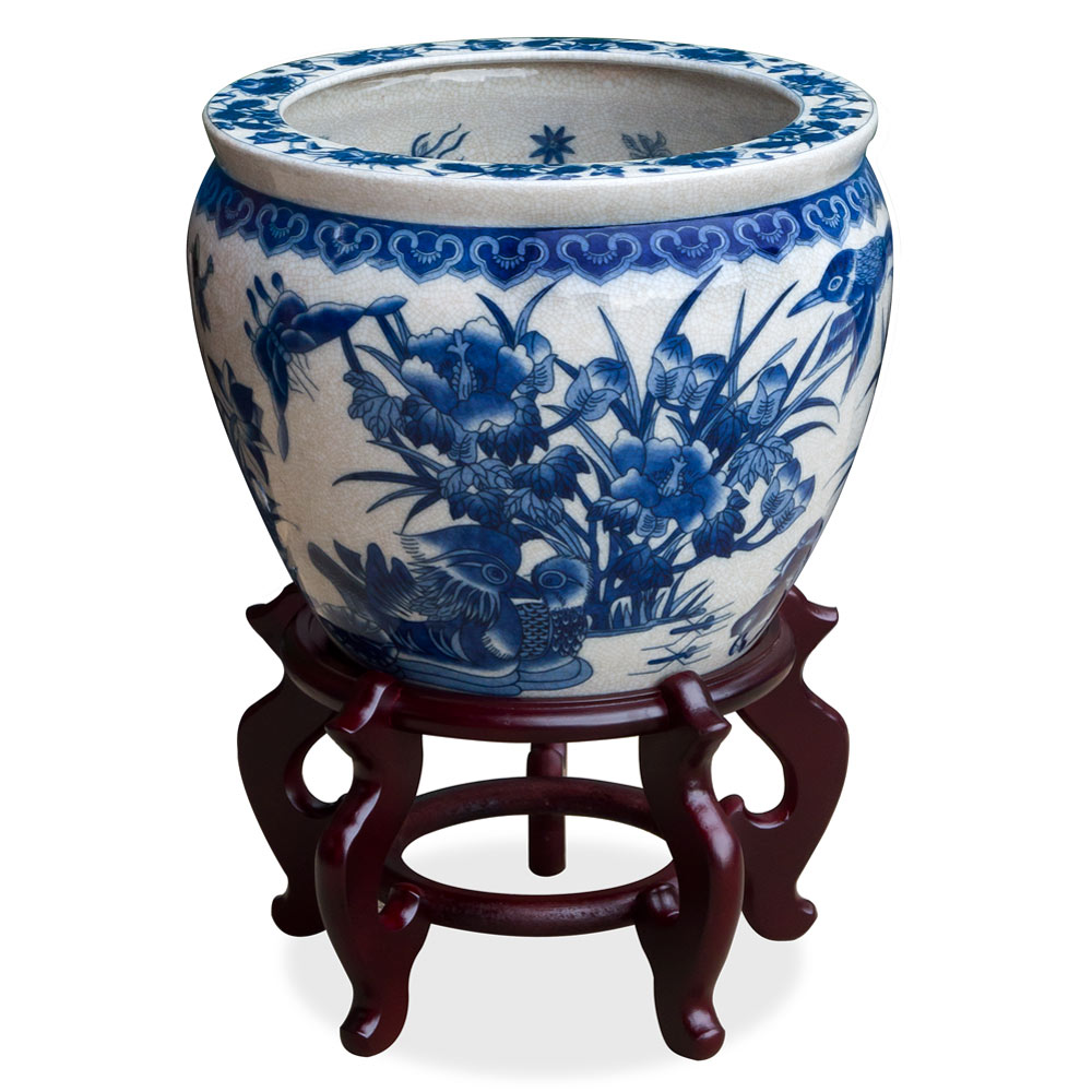 12 Inch Blue and White Porcelain Canton Chinese Fishbowl Planter