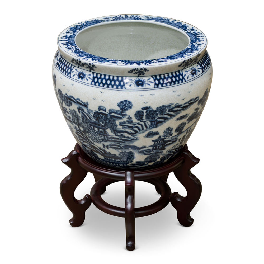 12 Inch Blue Canton Porcelain Chinese Fishbowl Planter