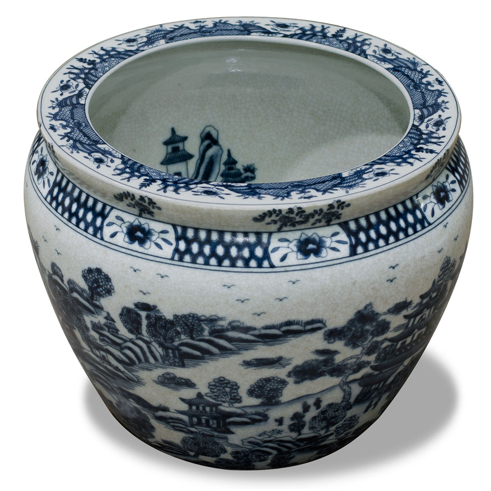 12 Inch Blue Canton Porcelain Chinese Fishbowl Planter