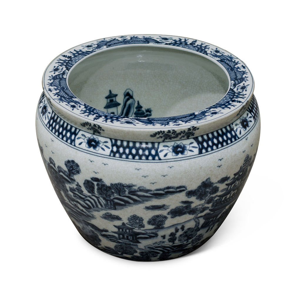 12 Inch Blue Canton Porcelain Chinese Fishbowl Planter