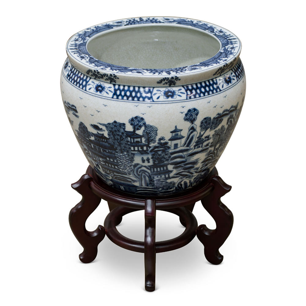 12 Inch Blue Canton Porcelain Chinese Fishbowl Planter