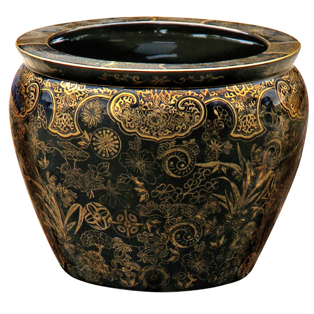12 Inch Black and Gold Floral Design Chinese Fishbowl Planter