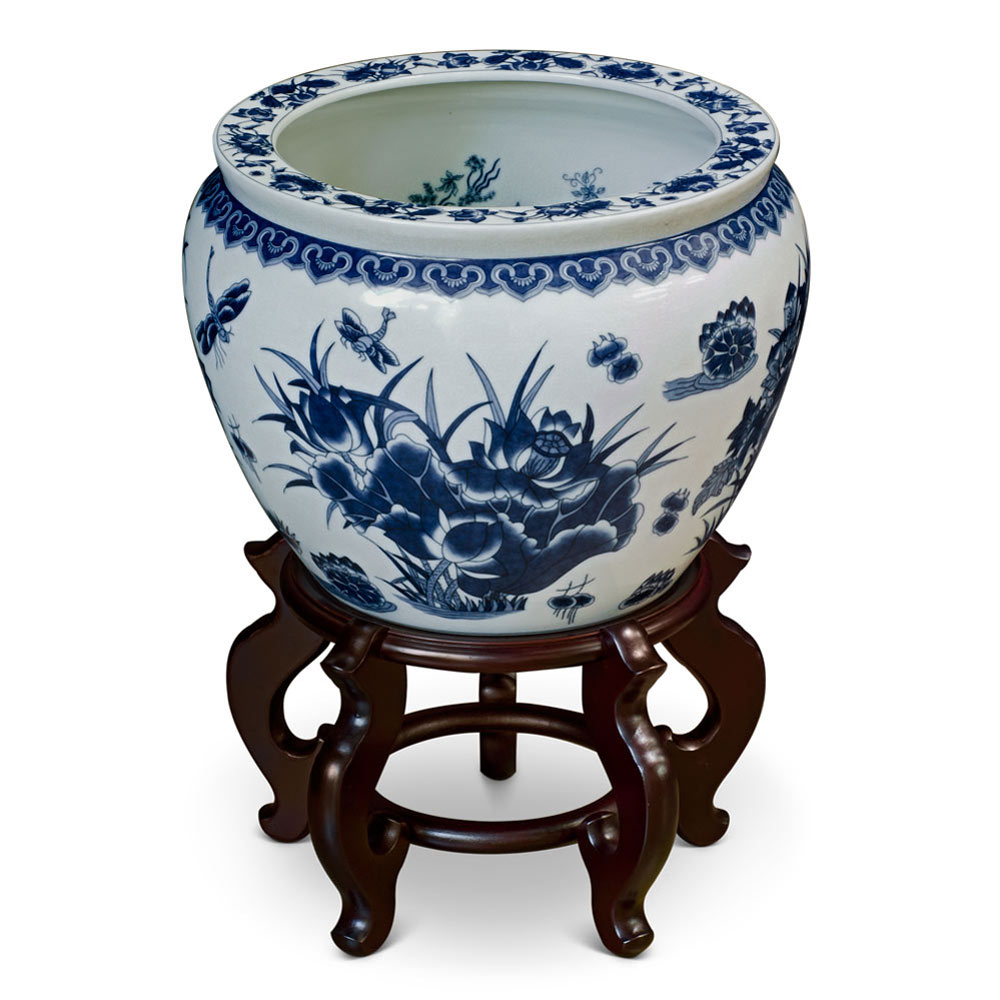 14 Inch Blue and White Porcelain Lotus Pond Chinese Fishbowl Planter