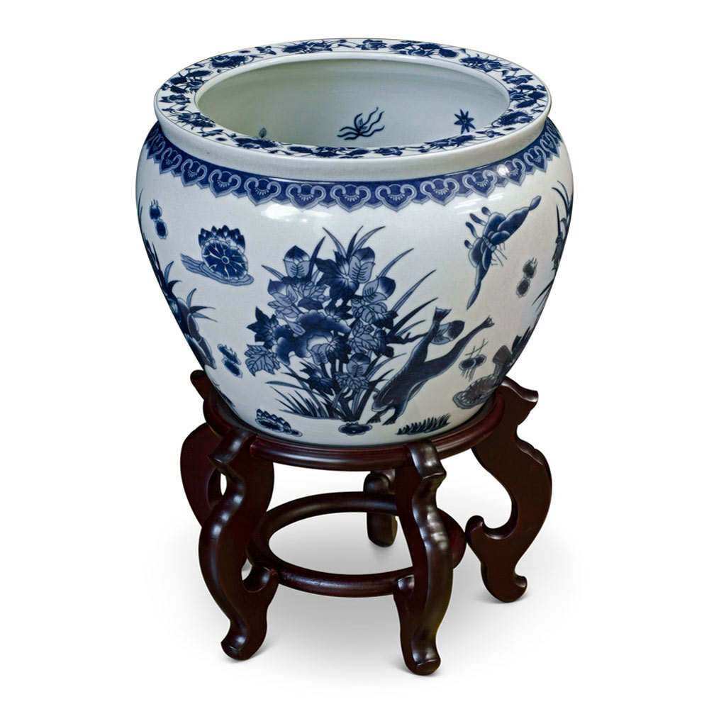 14 Inch Blue and White Porcelain Lotus Pond Chinese Fishbowl Planter