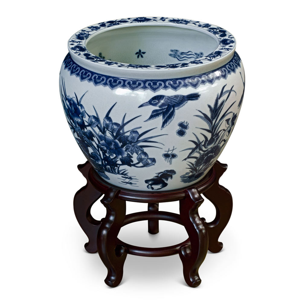 14 Inch Blue and White Porcelain Lotus Pond Chinese Fishbowl Planter