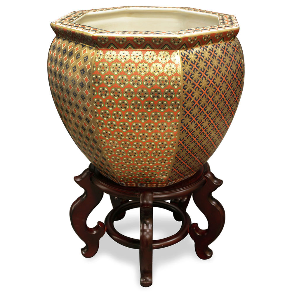 14 Inch Gilded Porcelain Yosegi Japanese Fishbowl Planter