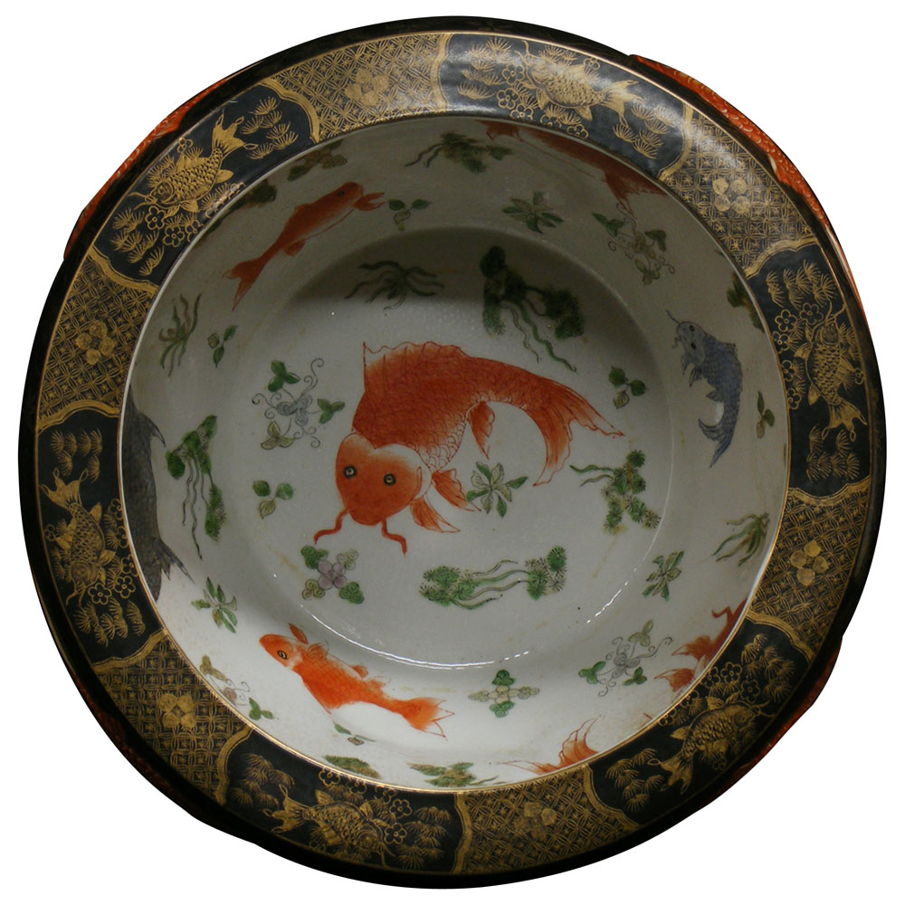 13.5 Inch Porcelain Koi Fish Motif Chinese Fishbowl Planter