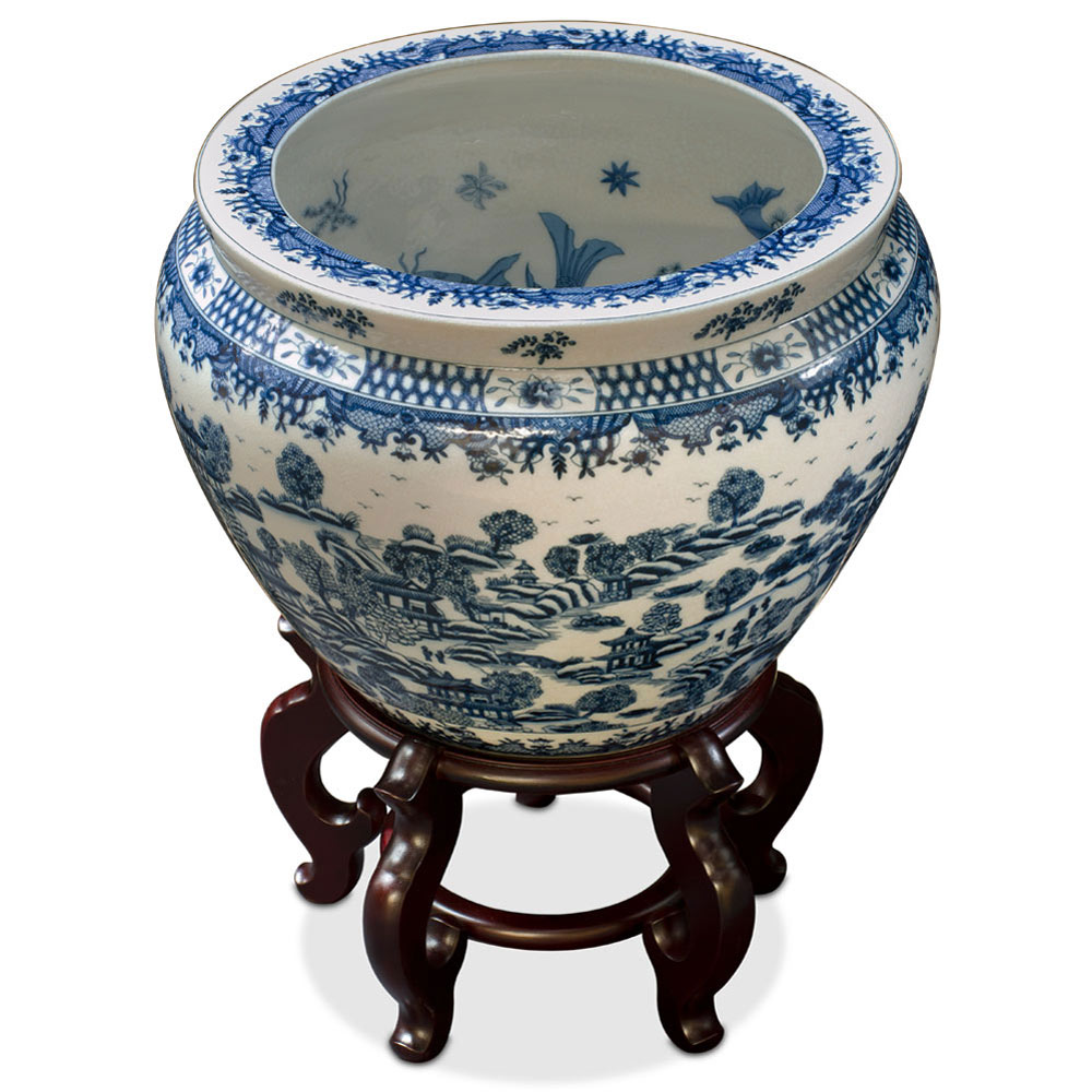 15 Inch Blue and White Porcelain Canton Scenery Oriental Fishbowl Planter