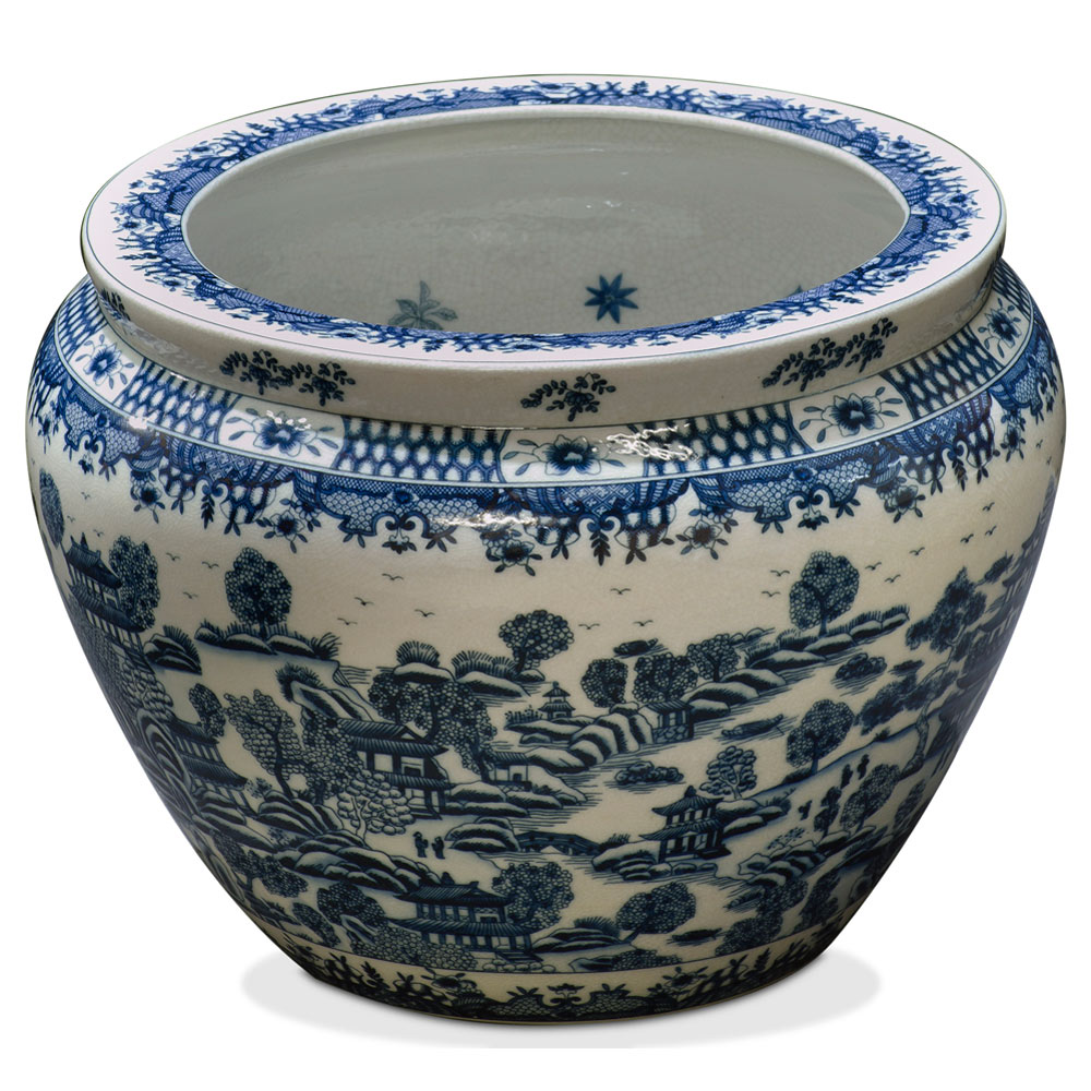 Blue and White Porcelain Oriental Fishbowl Planter