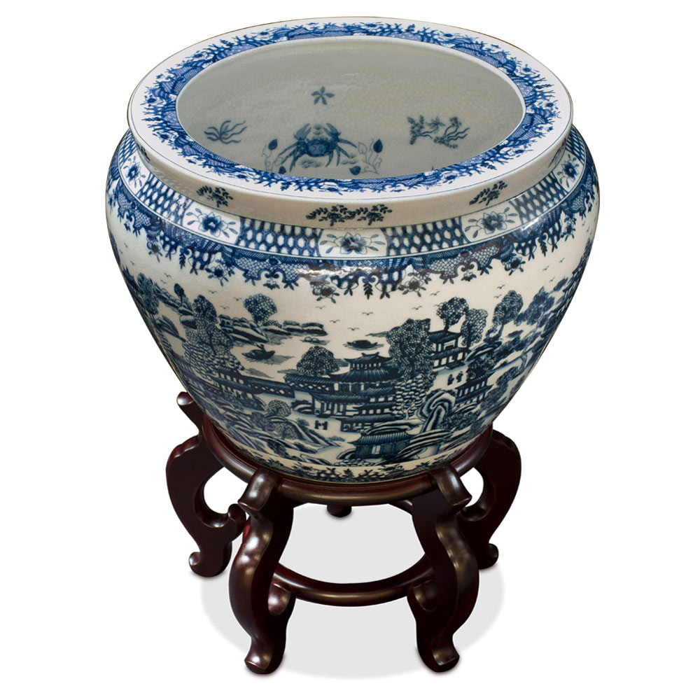 15 Inch Blue and White Porcelain Canton Scenery Oriental Fishbowl Planter